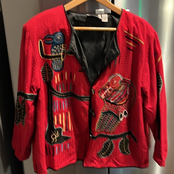 Maggie Barnes RED BIRD artsy button up BLAZER Art to wear,TOTEM pole shapes 3XL - Picture 3 of 16